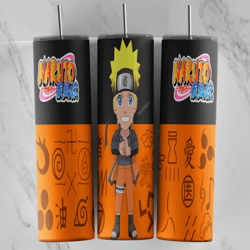 A 20 oz skinny tumbler wrap with a chibi Naruto Uzumaki in his orange outfit, the Naruto Shippuden logo on black and a band. Sublimation design