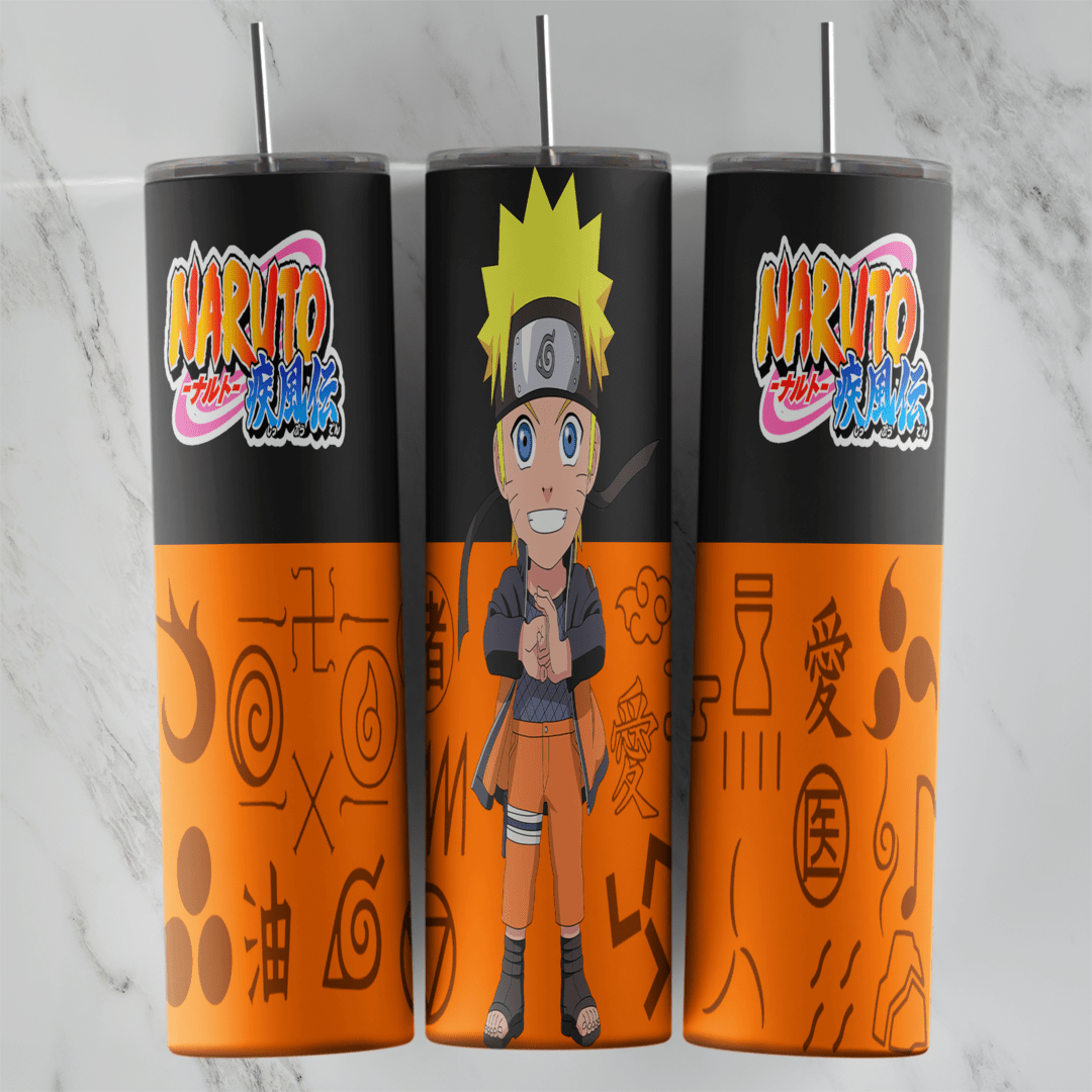 A 20 oz skinny tumbler wrap with a chibi Naruto Uzumaki in his orange outfit, the Naruto Shippuden logo on black and a band. Sublimation design