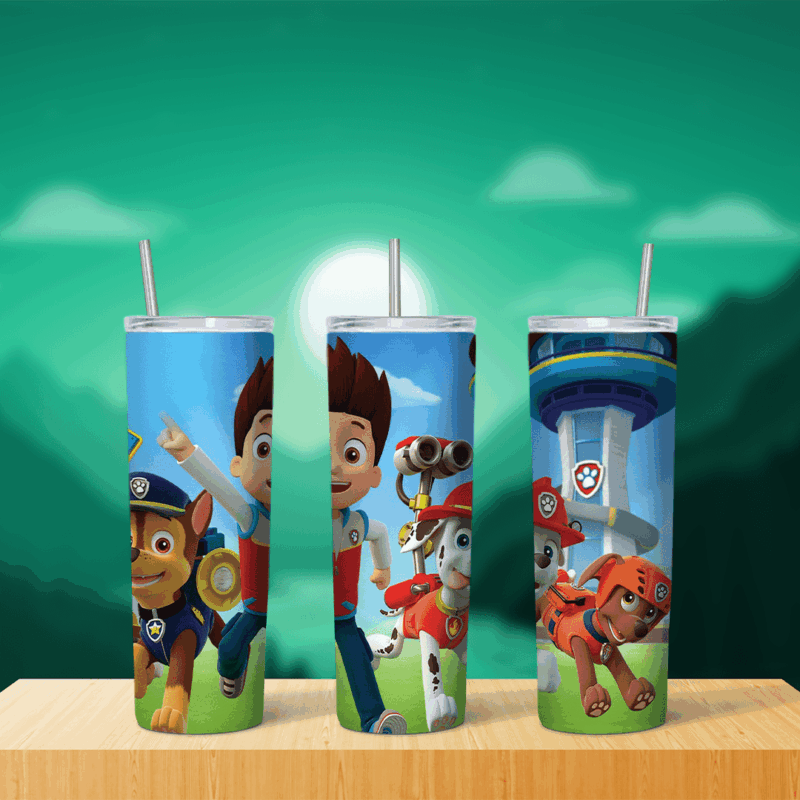 A 20 oz skinny tumbler wrap with Ryder waving, Marshall, Chase and Zuma running and the Paw Patrol lookout tower on a blue sky. Sublimation design