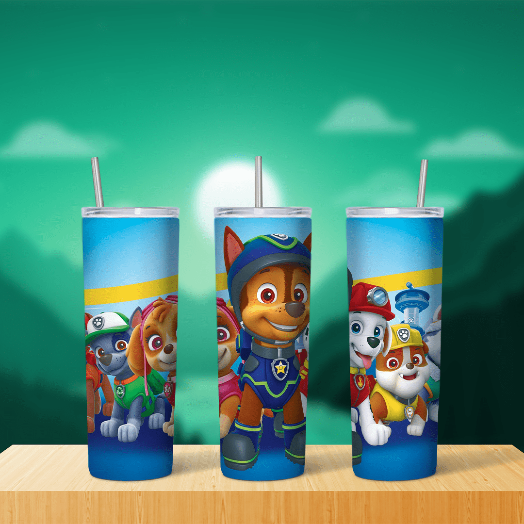 A 20 oz skinny tumbler wrap with the pups Chase, Skye, Rocky, Marshall and Rubble grouped together on a bright blue background. Sublimation design