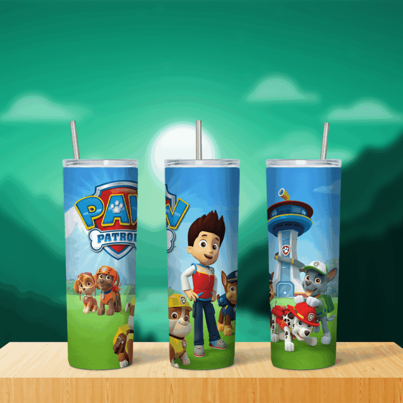 A 20 oz skinny tumbler wrap with the Paw Patrol badge logo, Ryder and the pups on green grass and the lookout tower under a blue. Sublimation design