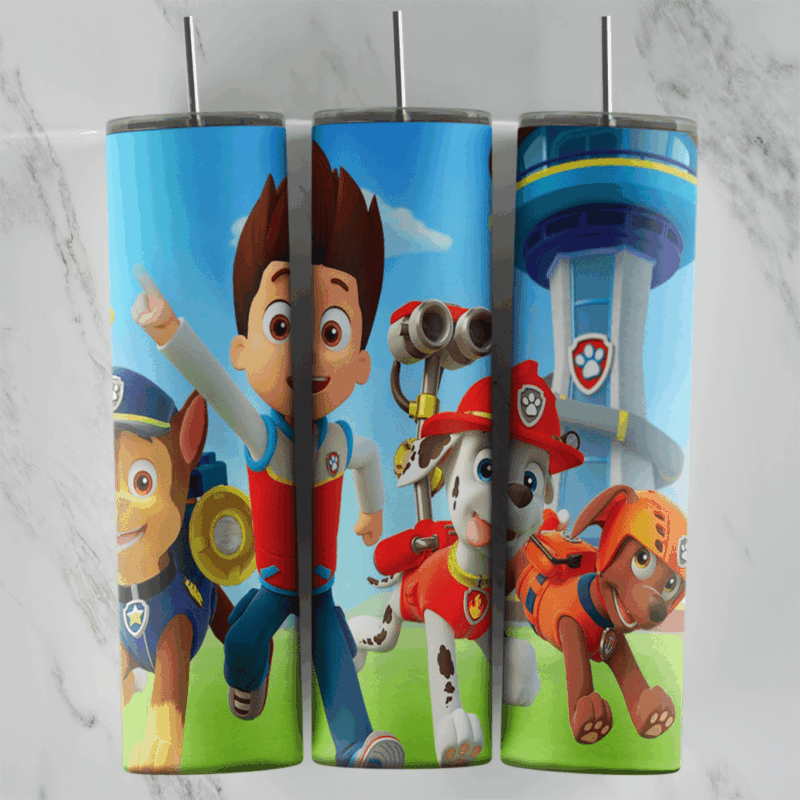 A 20 oz skinny tumbler wrap with Ryder pointing forward, Chase, Marshall and Zuma running beside him and the lookout tower behind. Sublimation design