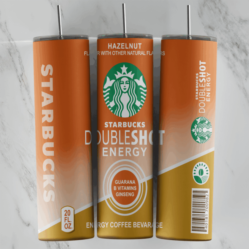 A 20 oz skinny tumbler wrap styled as a Starbucks Doubleshot Energy Hazelnut can: orange and gold panels, the siren logo. Sublimation design