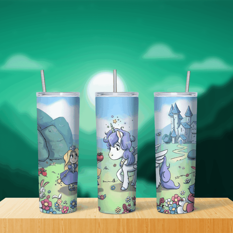 A 20 oz skinny tumbler wrap with a little blonde princess, a winged unicorn with a purple mane and a fairy tale castle. Sublimation design