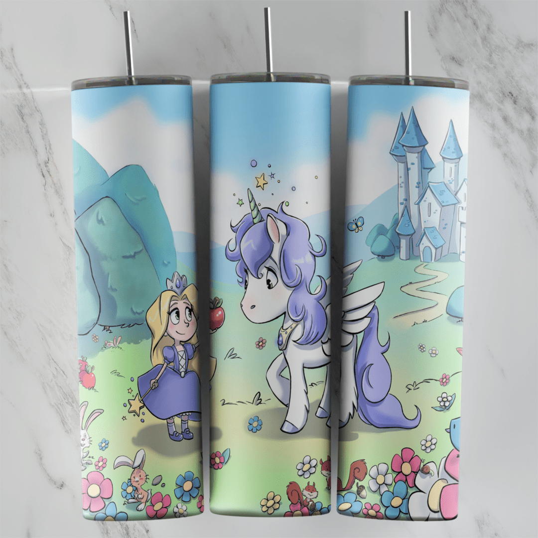 A 20 oz skinny tumbler wrap with a fairy tale meadow scene: a small princess, a winged unicorn, flowers and a blue castle under. Sublimation design