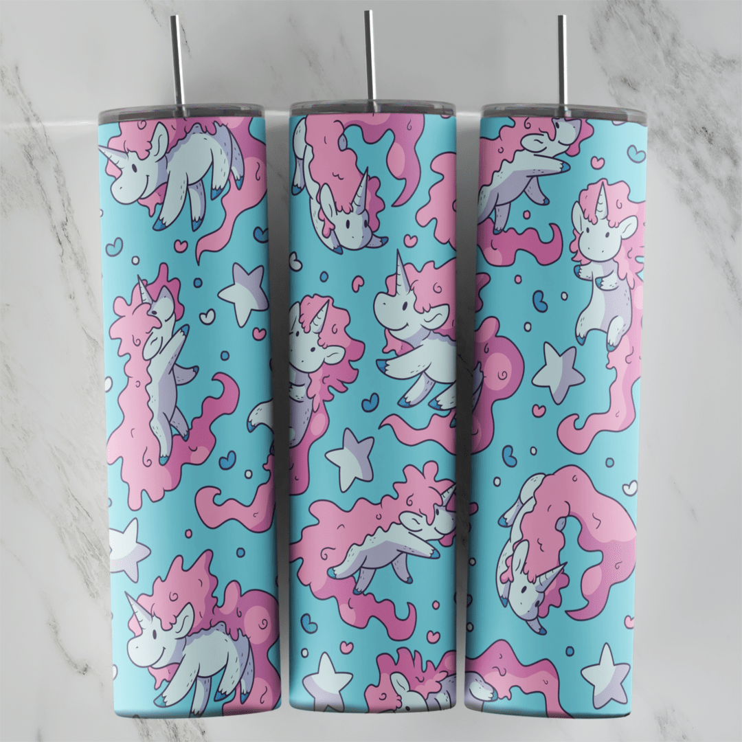 A 20 oz skinny tumbler wrap with white cartoon unicorns with fluffy pink manes, stars and hearts scattered on a light blue. Sublimation design