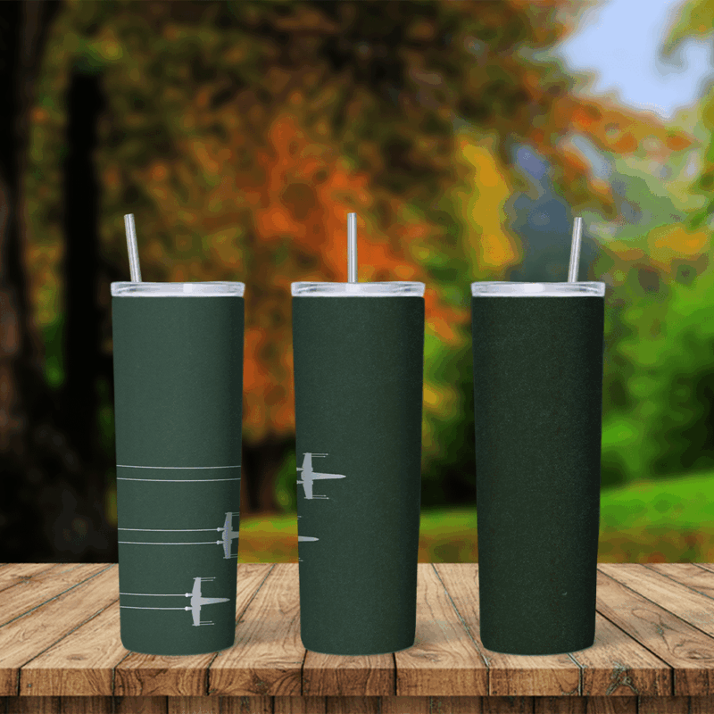 A full 20 oz skinny tumbler wrap in dark green with a formation of small white X-wing style fighters and long white speed lines. Sublimation design
