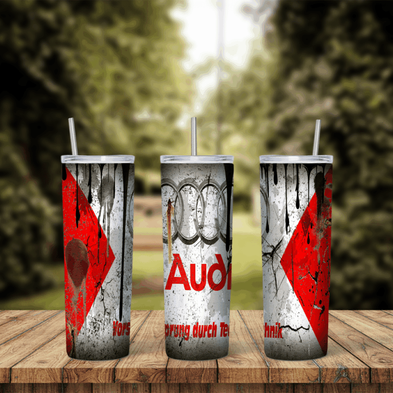 A 20 oz skinny tumbler wrap with the Audi rings and red Audi lettering over a grunge background in white, grey and red. Sublimation design