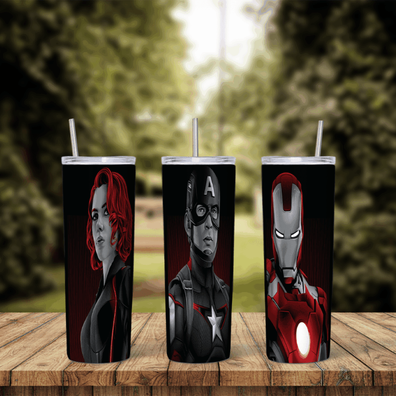 A 20 oz skinny tumbler wrap with Black Widow, Captain America and Iron Man drawn in black, gray and red on a black background. Sublimation design
