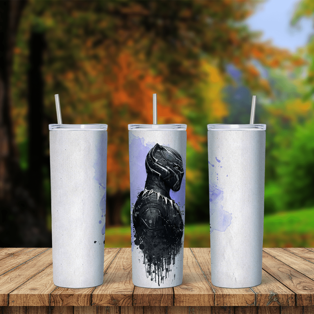 A Black Panther tumbler wrap: the masked hero painted in black with ink drips running down, set on white with a pale lavender. Sublimation design