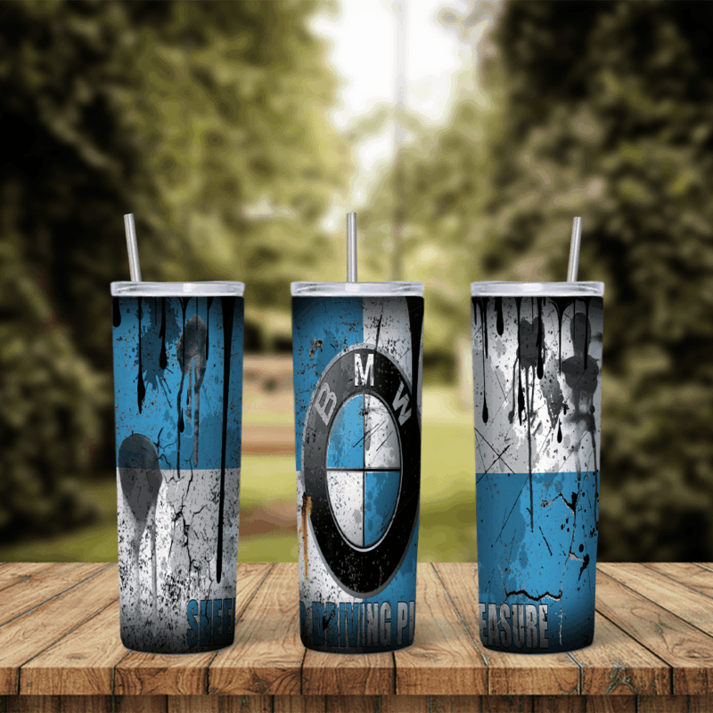 A 20 oz skinny tumbler wrap with the BMW roundel over a grunge background in blue, white and black with scratched, distressed. Sublimation design