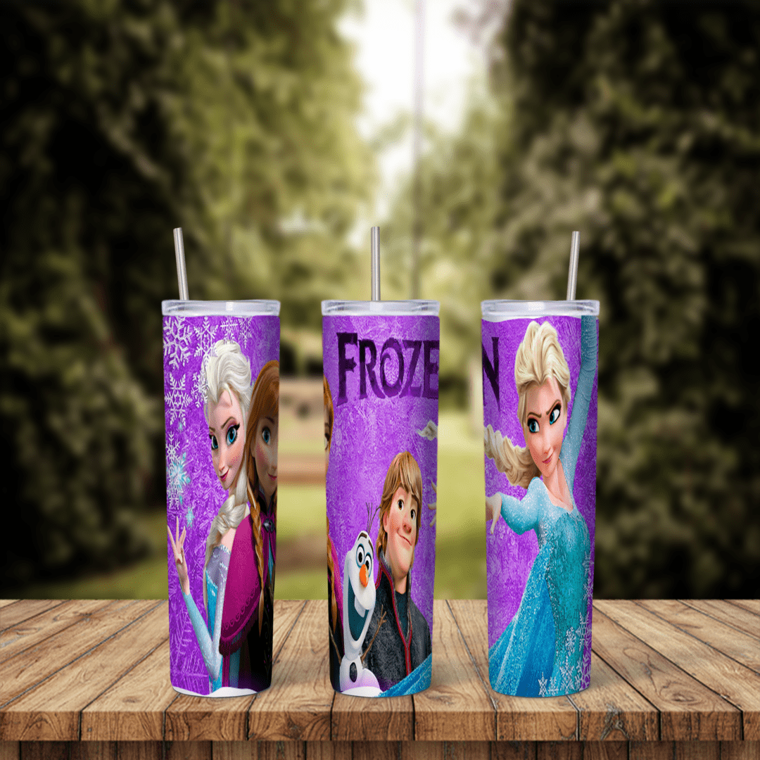 A 20 oz skinny tumbler wrap on purple sparkle texture with the Frozen logo, Elsa, Anna, Kristoff and Olaf, shown in an outdoor. Sublimation design