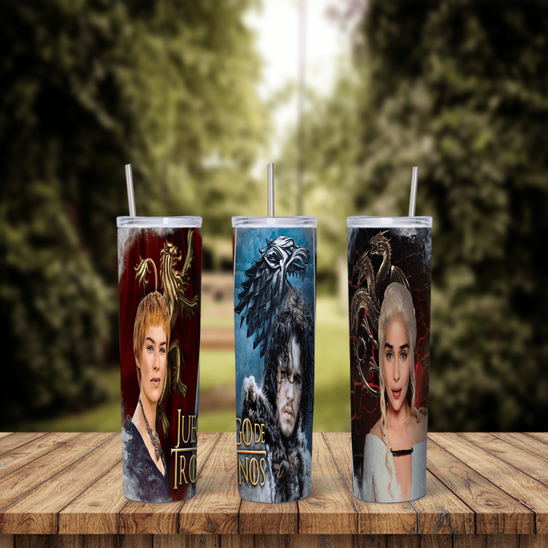 A Game of Thrones tumbler wrap with painted portraits of Cersei, Jon Snow and Daenerys, each with a house sigil and name. Sublimation design