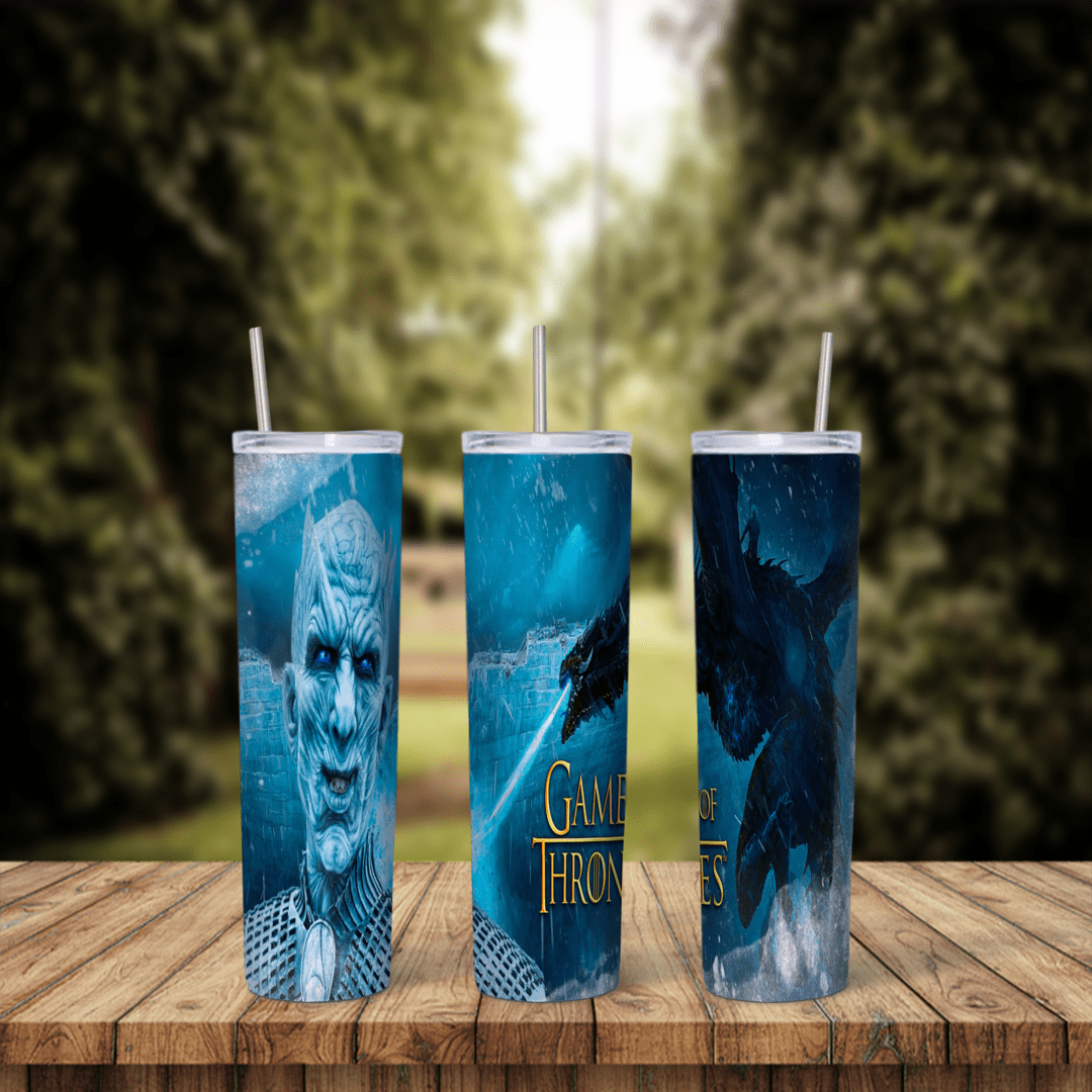 An icy blue Game of Thrones tumbler wrap with the Night King’s face, an ice dragon and the Game of Thrones title in frosty tones. Sublimation design