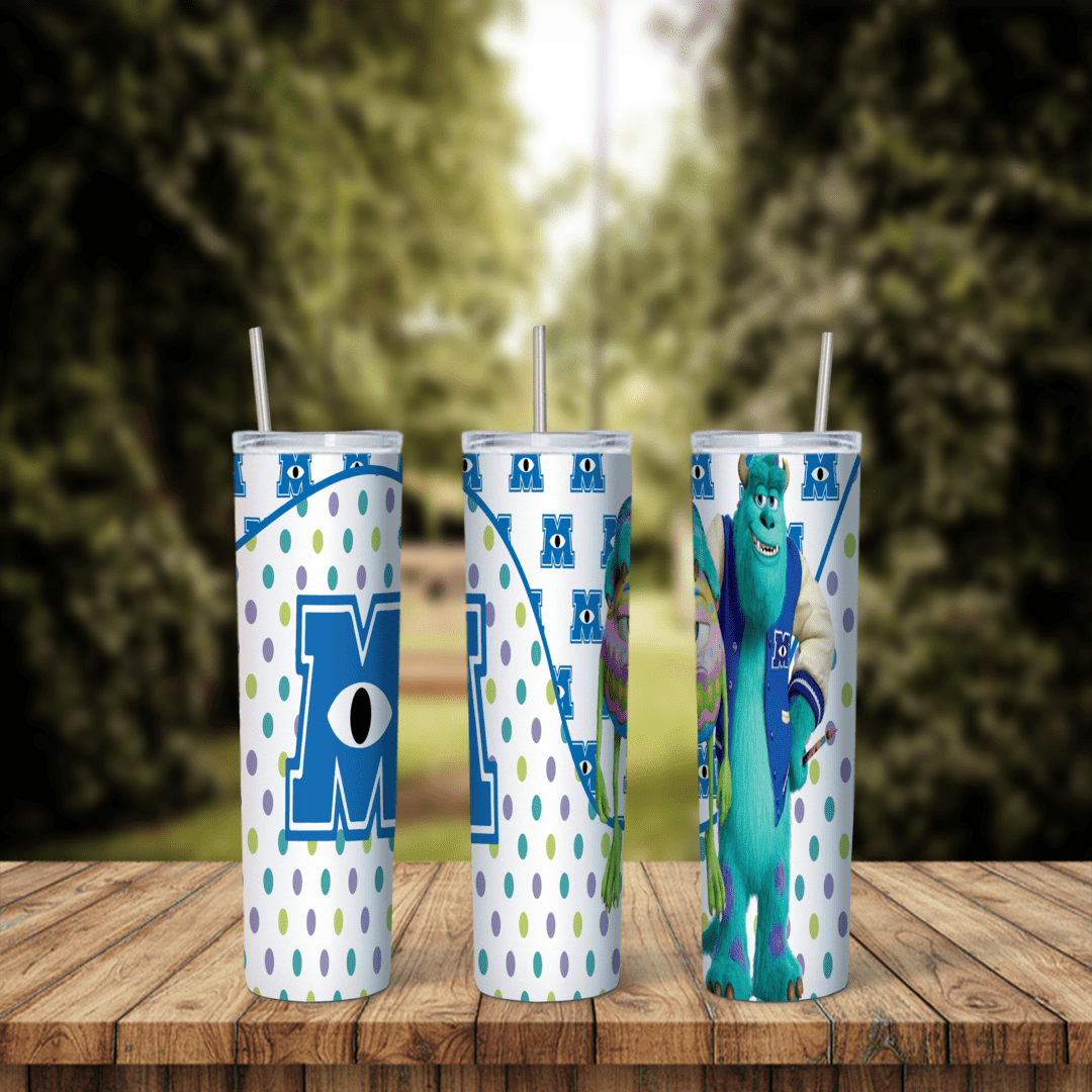 A full 20 oz skinny tumbler wrap with the Monsters Inc M logo on white with colorful dots, and Sulley and Mike standing together. Sublimation design