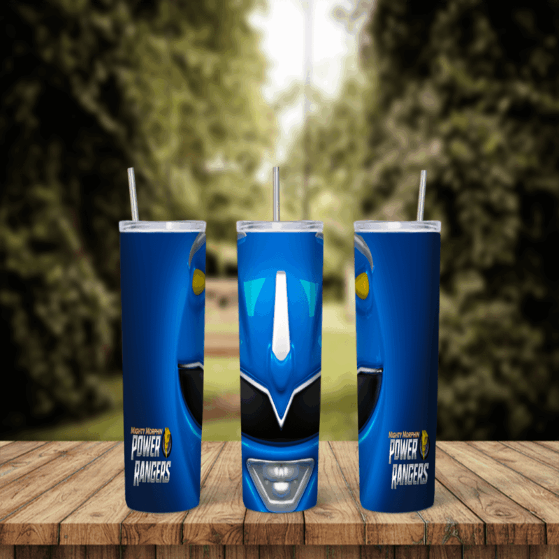 A blue 20 oz tumbler wrap styled as the Blue Ranger helmet: the silver mouthpiece and black visor in the center and the Power. Sublimation design