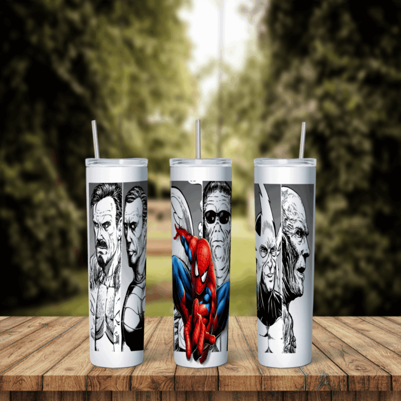 A 20 oz skinny tumbler wrap on white with black and white pencil style portraits of several men and a full color Spider-Man. Sublimation design