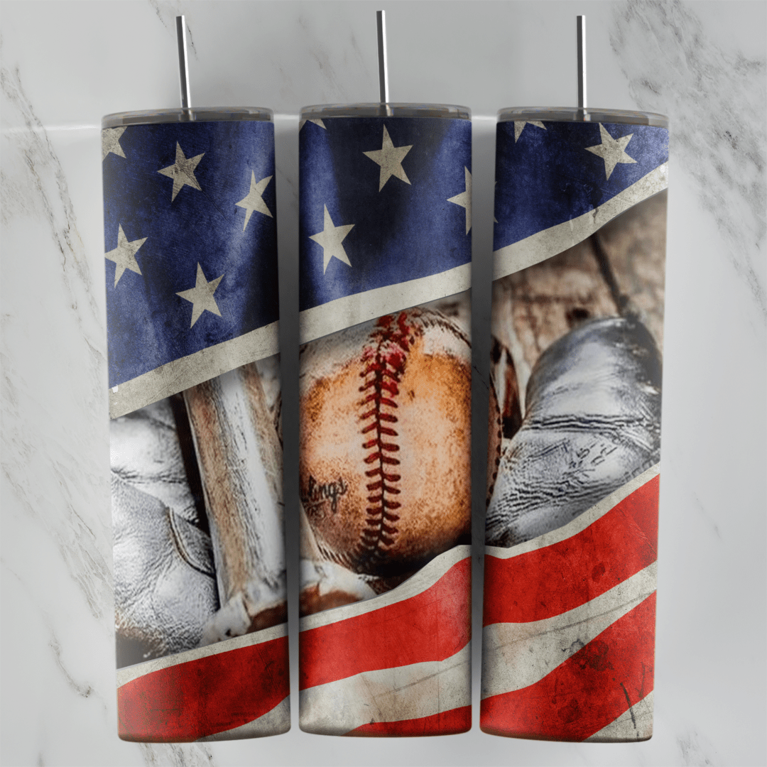 A 20 oz skinny tumbler wrap with a baseball, a wooden bat and a glove behind a torn, weathered American flag with white stars. Sublimation design