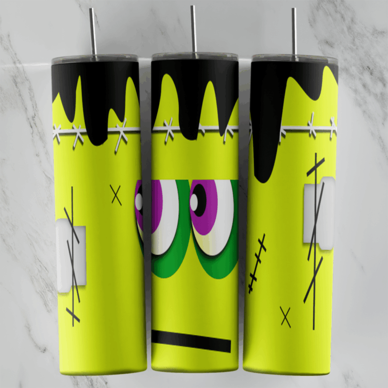 A full 20 oz skinny tumbler wrap with a cartoon Frankenstein monster face: lime green skin, black dripping hair, purple eyes. Sublimation design