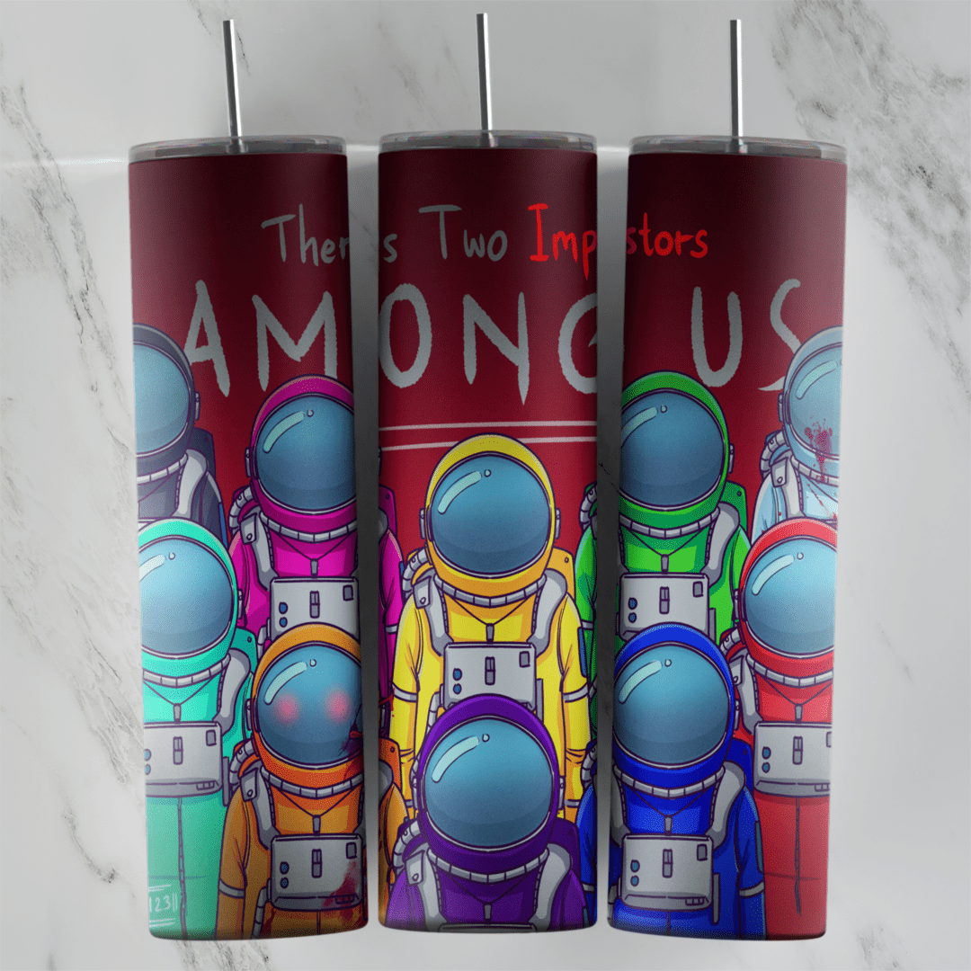 A 20 oz skinny tumbler wrap on dark red with Among Us lettering, There’s Two Impostors text and realistic astronaut style. Sublimation design