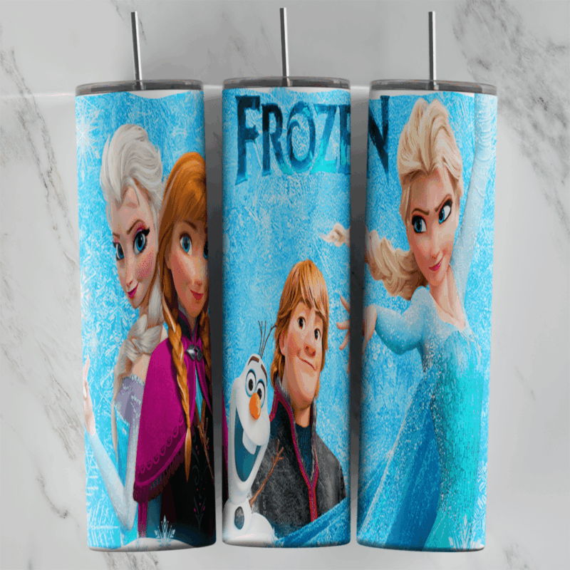 A 20 oz skinny tumbler wrap on blue sparkle texture with the Frozen logo, Elsa and Anna together, Kristoff with Olaf, and Elsa. Sublimation design