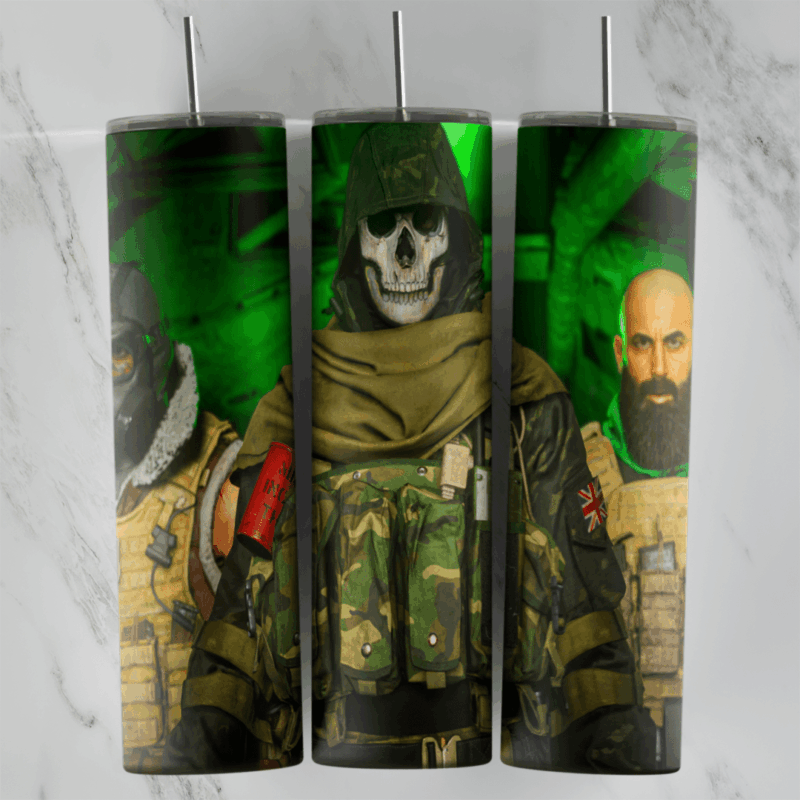 A full 20 oz skinny tumbler wrap with three Call of Duty operators on green: a masked soldier, Ghost in his skull mask. Sublimation design