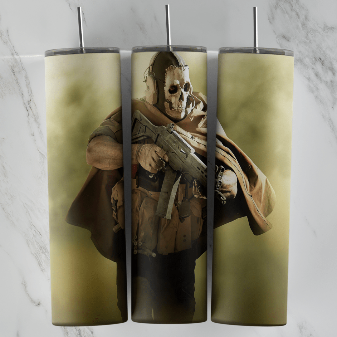 A full 20 oz skinny tumbler wrap with Ghost from Call of Duty in his skull mask and hood, holding a rifle against a hazy olive. Sublimation design