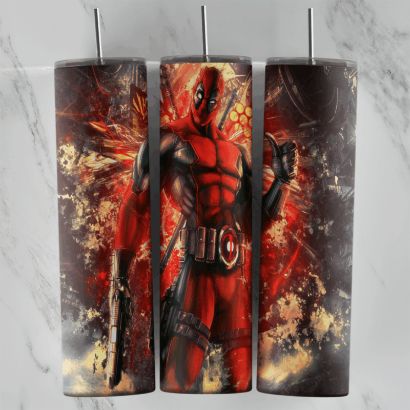A 20 oz tumbler wrap with a painted Deadpool holding guns, surrounded by red, black and gold grunge splatter like fire and smoke. Sublimation design