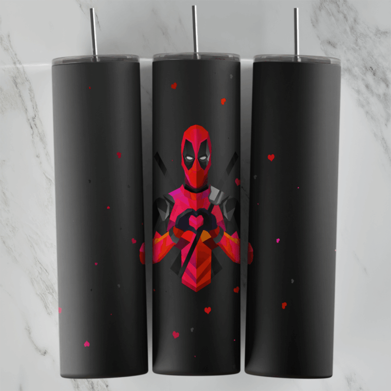 A matte black 20 oz tumbler wrap with a pink and red Deadpool forming a heart with his fingers and tiny red hearts across the cup. Sublimation design