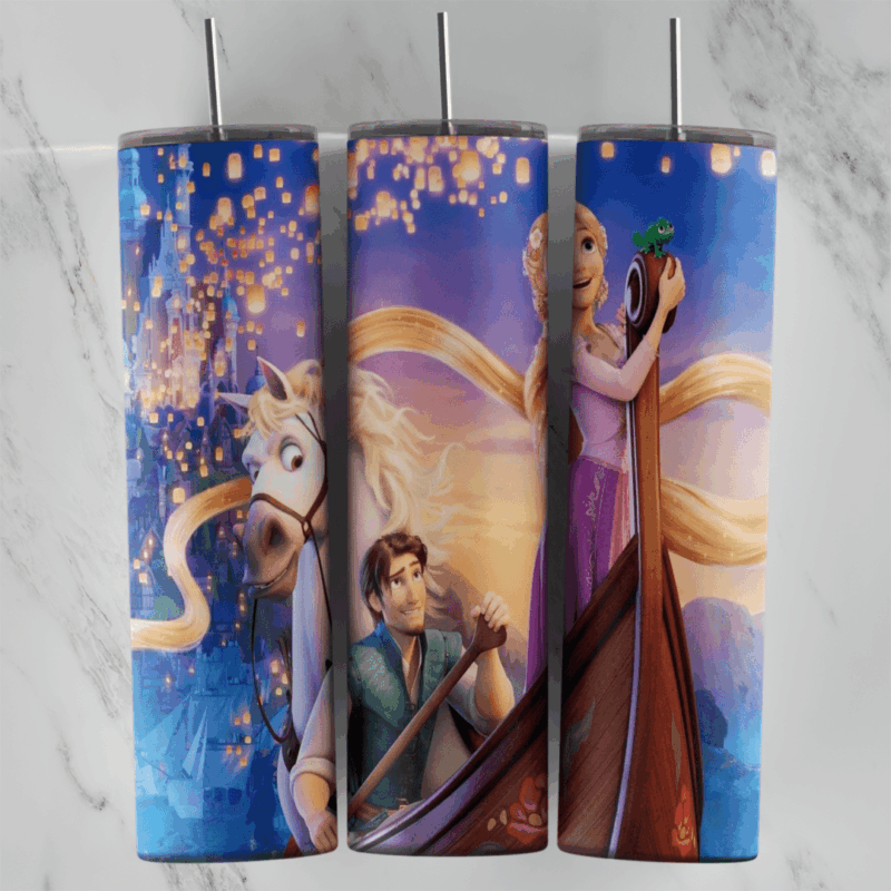 A 20 oz skinny tumbler wrap with a Tangled lantern scene: Rapunzel and Flynn Rider in a boat, Maximus the horse and floating. Sublimation design