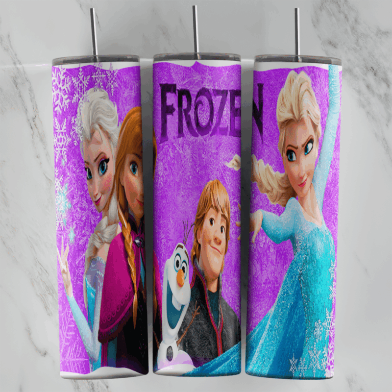 A 20 oz skinny tumbler wrap on purple sparkle texture with the Frozen logo, Elsa and Anna together, Kristoff with Olaf, and Elsa. Sublimation design