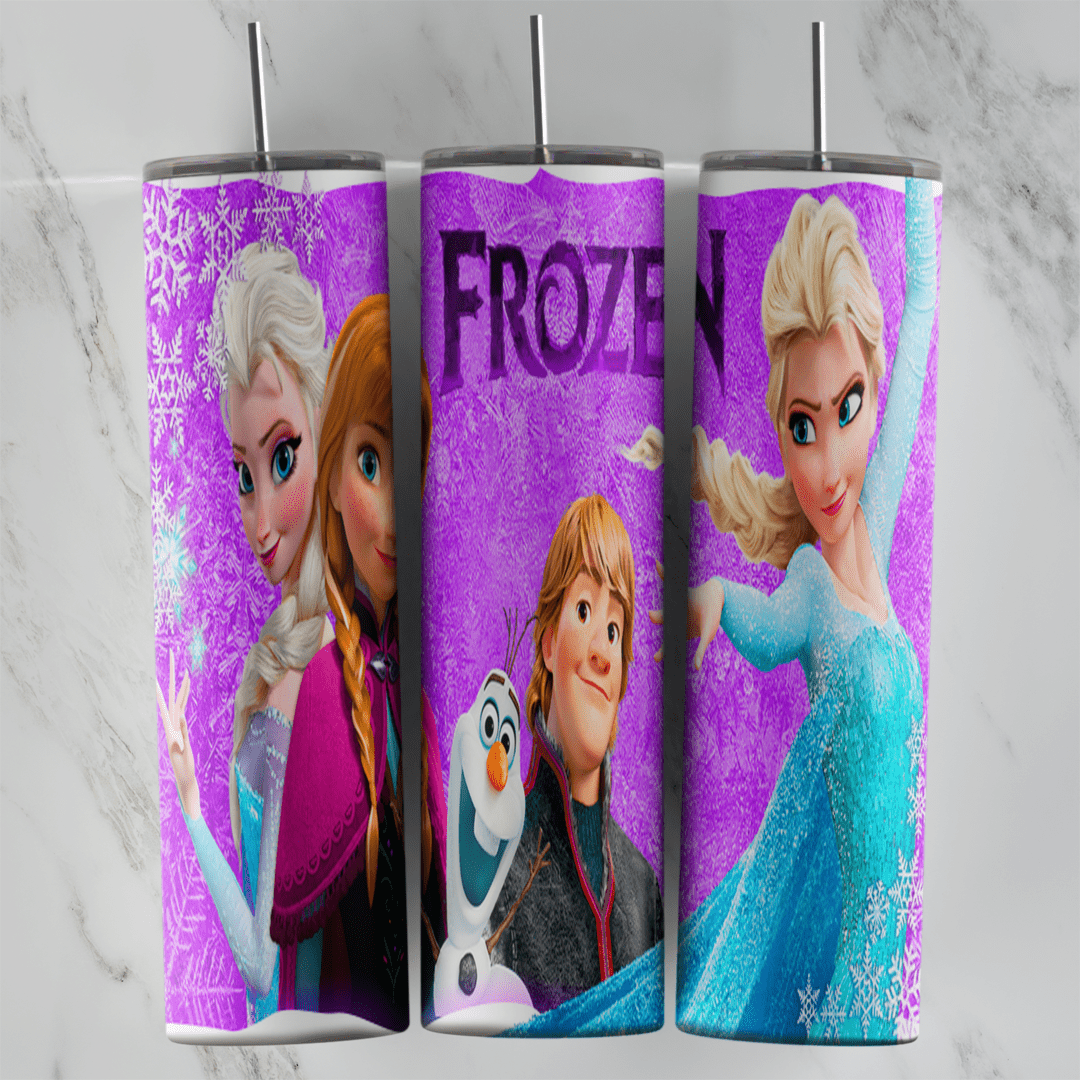 A 20 oz skinny tumbler wrap on purple sparkle texture with the Frozen logo, Elsa and Anna together, Kristoff with Olaf, and Elsa. Sublimation design
