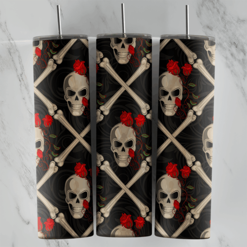 A skull tumbler wrap with cream skulls, crossed bones in a diamond lattice and red roses on a dark gray background. Sublimation design