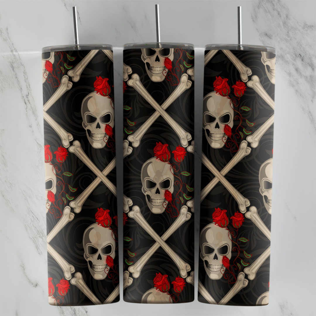 20 Oz Skull Crossbones and Red Roses Tumbler Cup Design