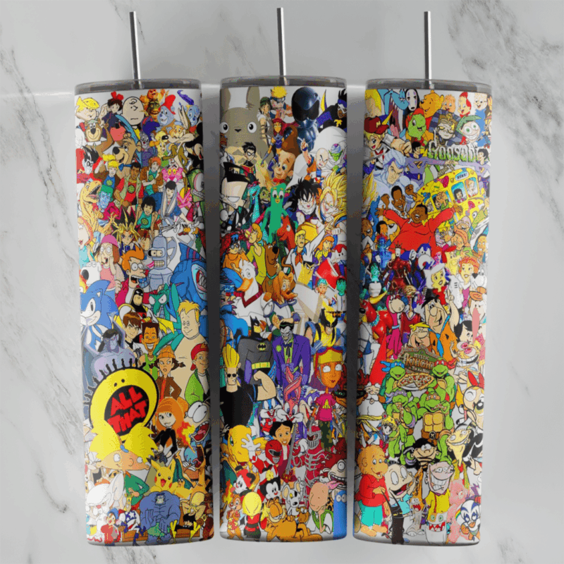A 20 oz skinny tumbler wrap covered in a dense full color collage of 1990s cartoon characters packed edge to edge. Sublimation design
