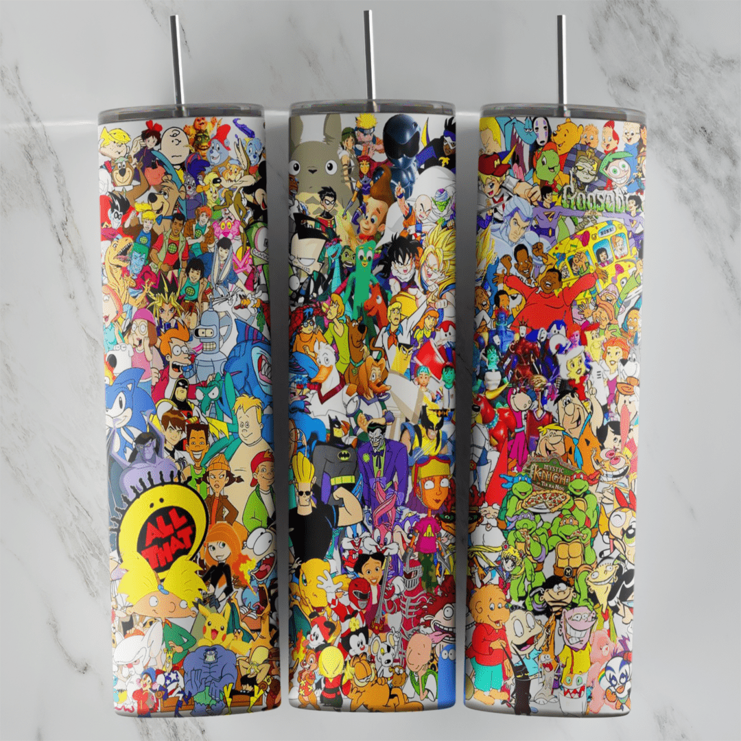 A 20 oz skinny tumbler wrap covered in a dense full color collage of 1990s cartoon characters packed edge to edge. Sublimation design