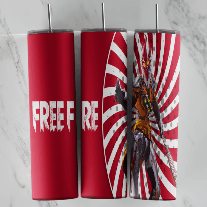 A Free Fire tumbler wrap in red with bold FREE FIRE lettering and an armored character on a red and white sunburst. Sublimation design