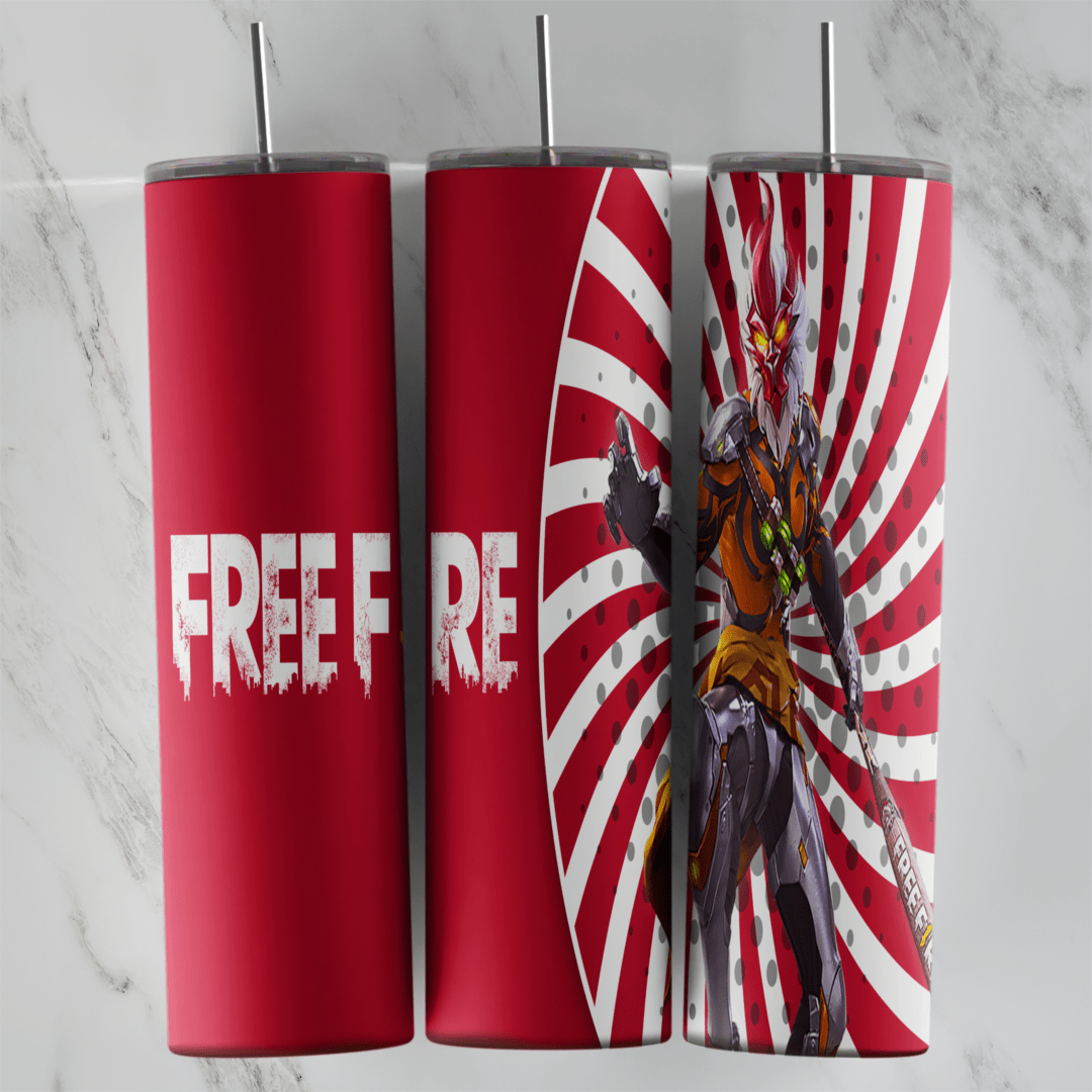 A Free Fire tumbler wrap in red with bold FREE FIRE lettering and an armored character on a red and white sunburst. Sublimation design