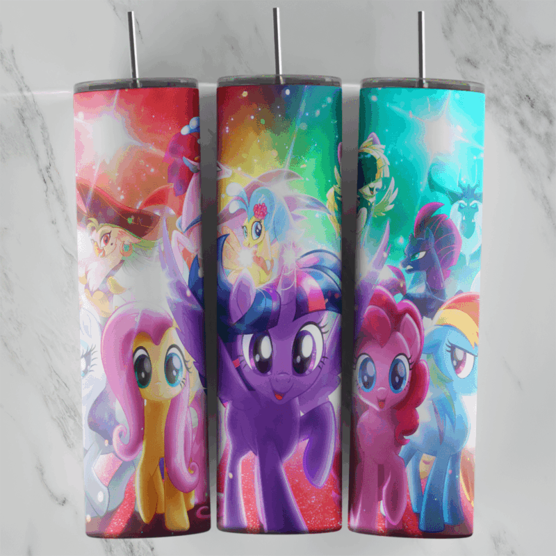 A full 20 oz skinny tumbler wrap with Fluttershy, Twilight Sparkle, Pinkie Pie and Rainbow Dash from My Little Pony over. Sublimation design