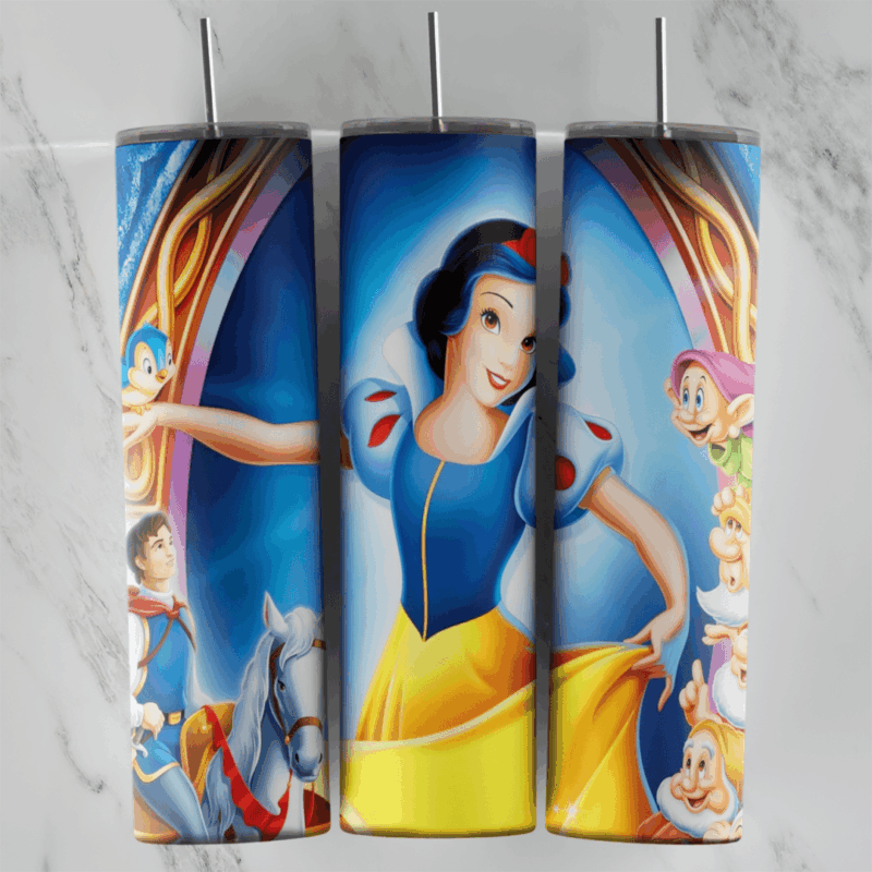 A full 20 oz skinny tumbler wrap with Snow White in her classic dress at the center, the prince riding a white horse. Sublimation design