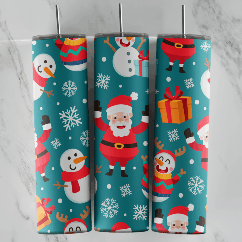 A full 20 oz skinny tumbler wrap on teal with Santa, snowmen, a reindeer, wrapped gifts, bells and white snowflakes. Sublimation design