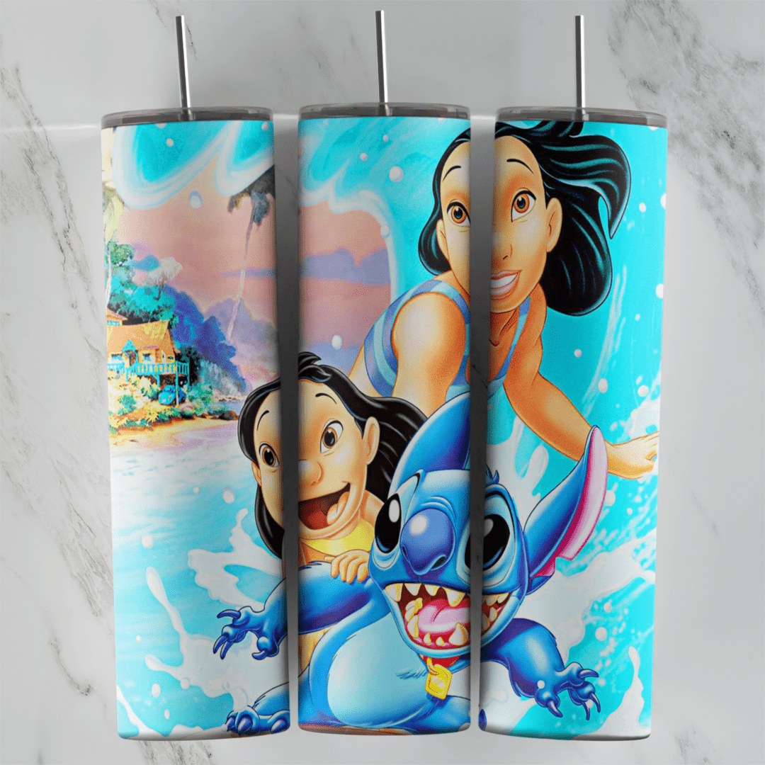 A bright tropical tumbler wrap with Lilo, Nani and Stitch surfing together on a big blue wave, with a beach house and island. Sublimation design