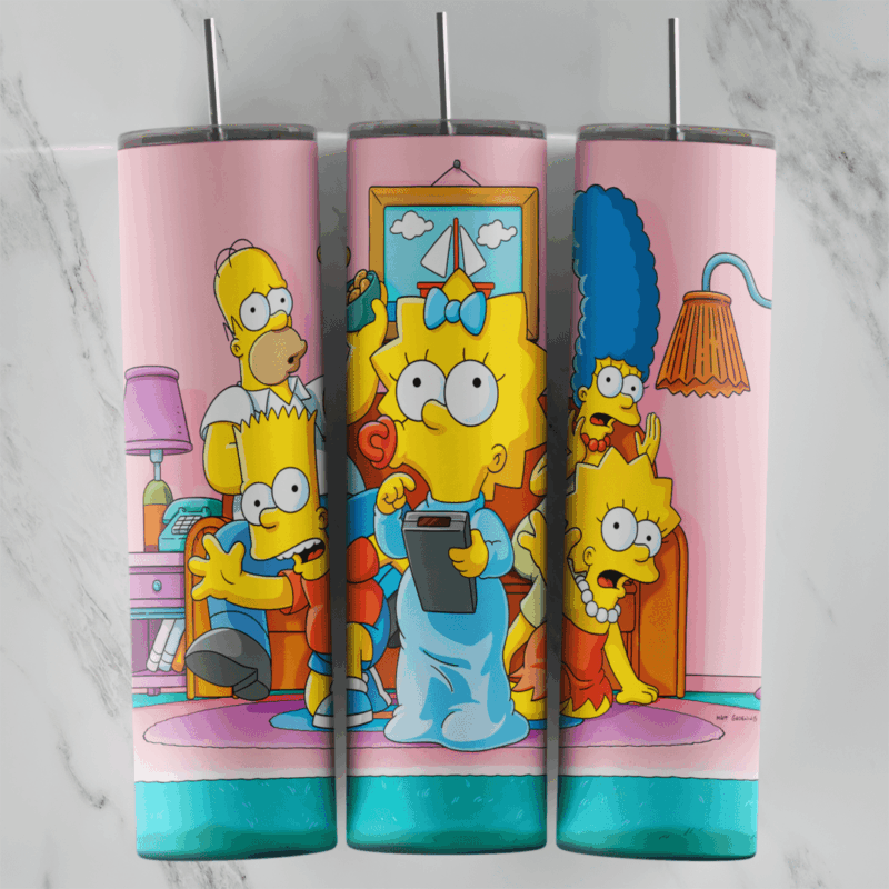 A full 20 oz skinny tumbler wrap of the Simpson family in the living room: Homer, Bart, Maggie with a tablet, Lisa and Marge. Sublimation design