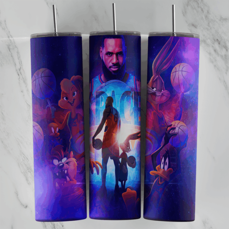 A full 20 oz skinny tumbler wrap from Space Jam A New Legacy showing a player dribbling in a purple and blue galaxy glow. Sublimation design