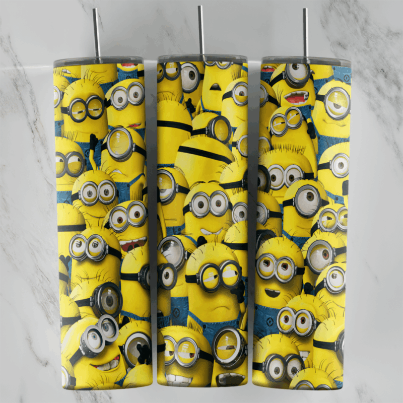 A full 20 oz skinny tumbler wrap packed with a crowd of yellow Minions in goggles and overalls, filling the whole surface. Sublimation design