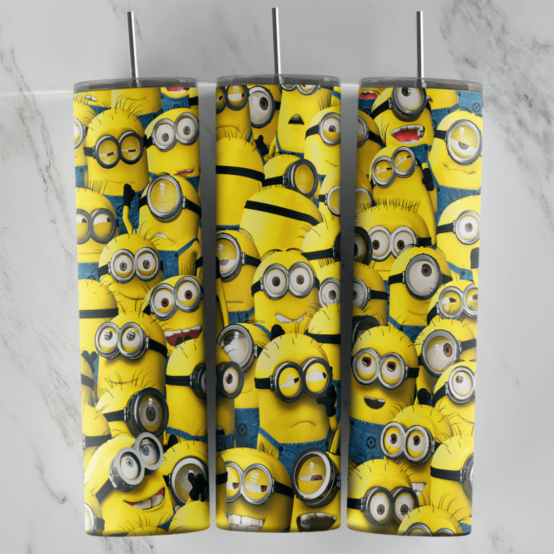A full 20 oz skinny tumbler wrap packed with a crowd of yellow Minions in goggles and overalls, filling the whole surface. Sublimation design