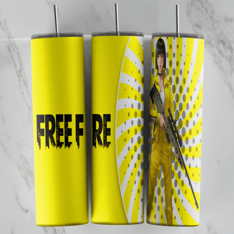 A Free Fire tumbler wrap in yellow with bold FREE FIRE lettering and a female character holding a rifle on a yellow sunburst. Sublimation design