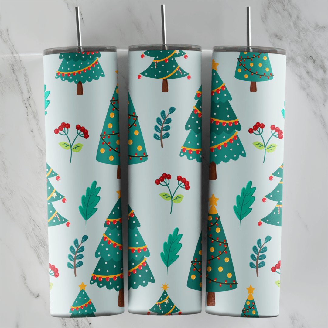A full 20 oz skinny tumbler wrap with green Christmas trees, red berry sprigs and leaves on a white background. Sublimation design