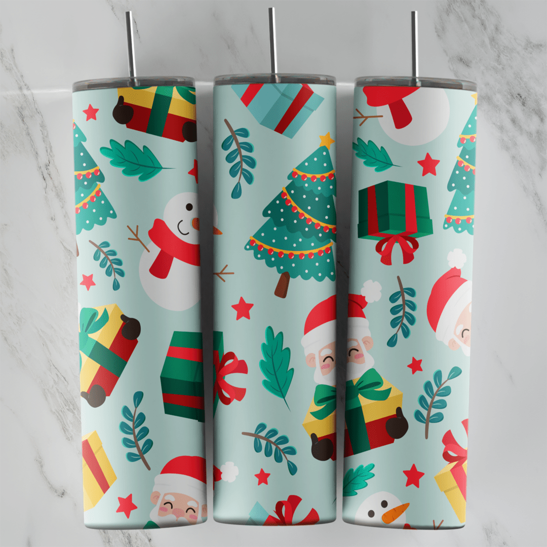 A full 20 oz skinny tumbler wrap on mint green with Christmas trees, wrapped gifts, Santa, a snowman, stars and leaves. Sublimation design
