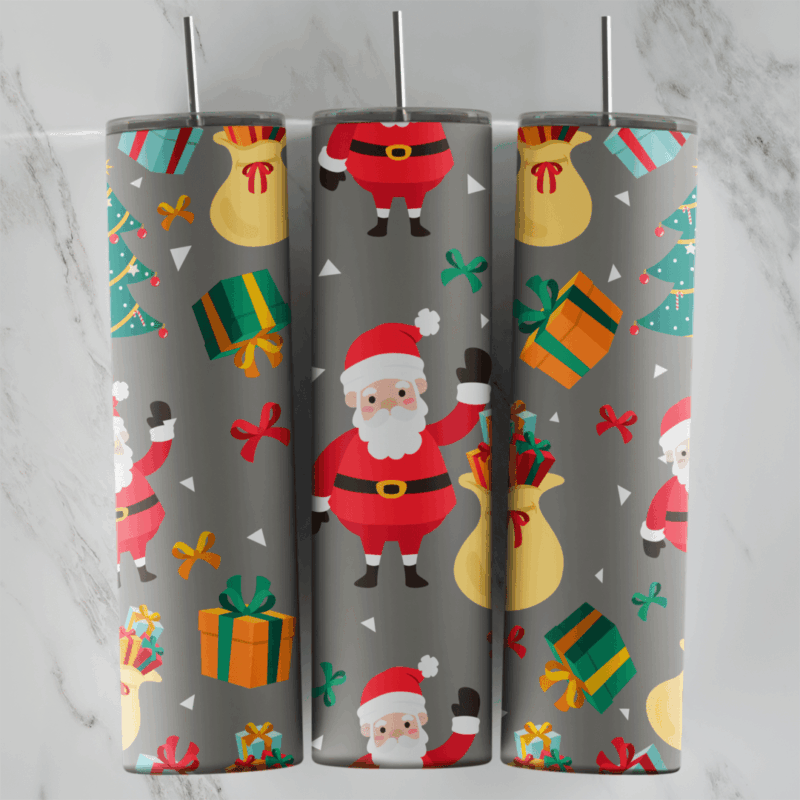 A full 20 oz skinny tumbler wrap on gray with waving Santas, gold gift sacks, wrapped presents and red bows. Sublimation design